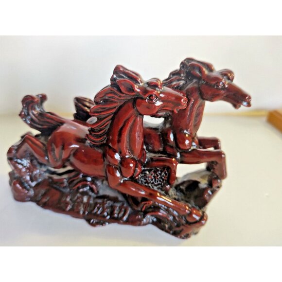 Vintage Large Chinese Carved Cinnabar Feng Shui  2 Running Horses Figurine - Picture 4 of 10